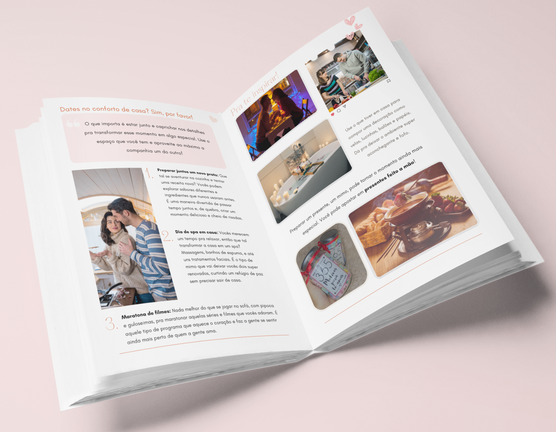 Mockup do eBook 20 Dates Criativos aberto mostrando páginas internas
